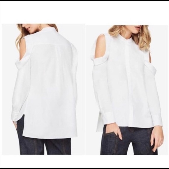 BCBG MaxAzria Nishani Cold Shoulder Bib Collar Button Down Long Sleeve Shirt - Picture 13 of 13